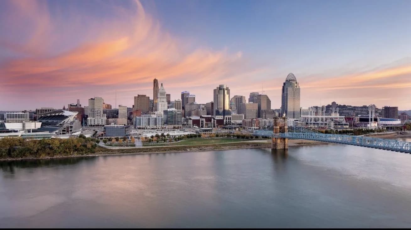 Cincinnati skyline at dusk with riverfront and bridges, Ohio