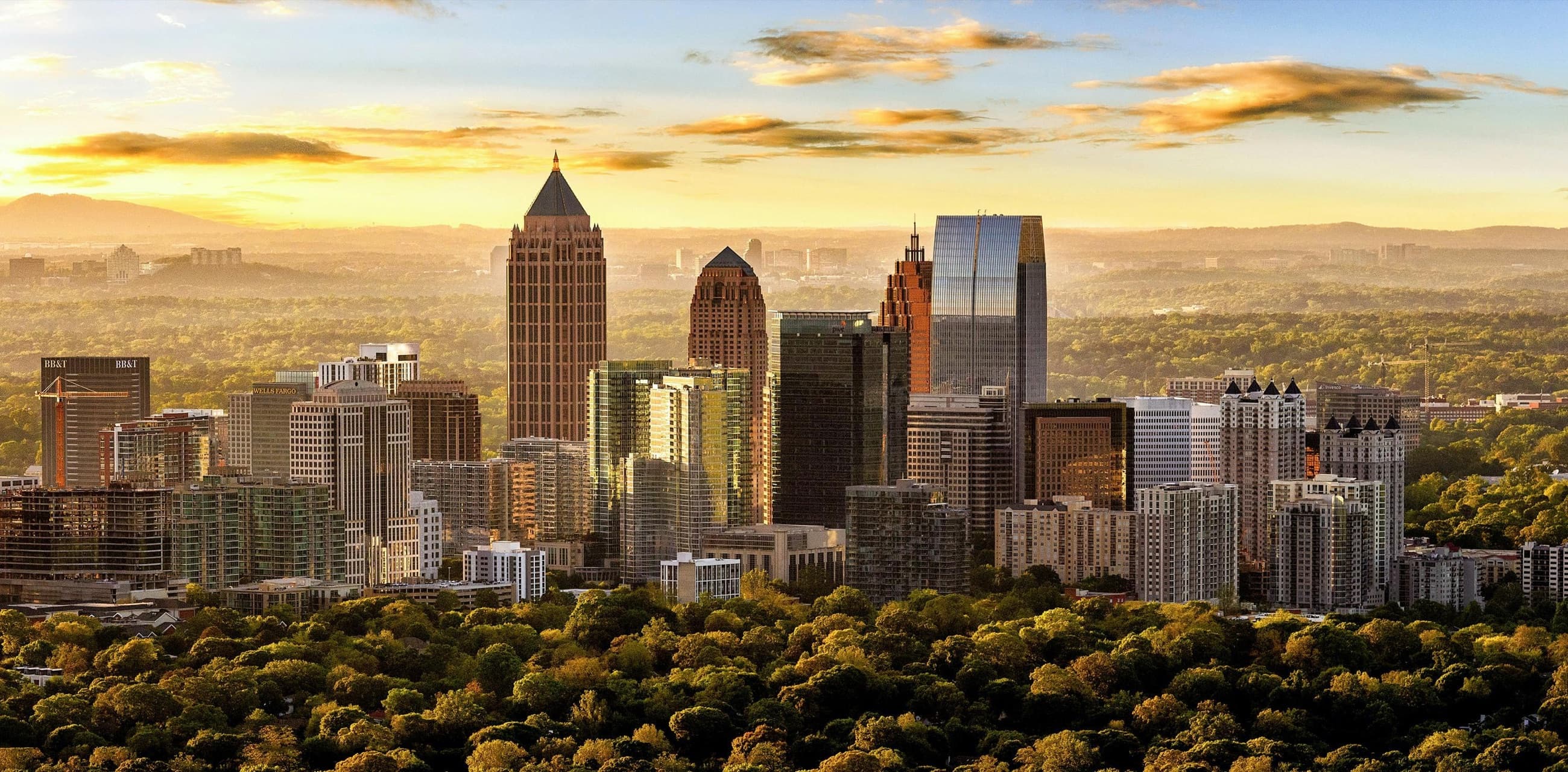 Atlanta's skyline and connected neighborhoods at golden hour